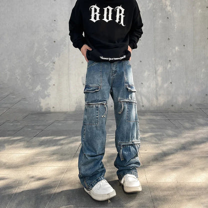 Cargo Jeans Men Big Pocket Loose Autumn Vaqueros Pantalones Hombre Streetwear Casual Blue Trousers Y2k Baggy Winter Denim Pants