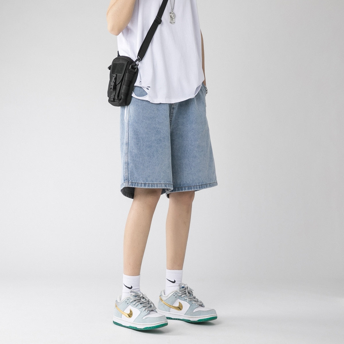 Wide Leg Baggy Denim Shorts Men Summer Thin Solid Color Casual Loose Simple Knee-length Five-point Pants Male Jeans Shorts