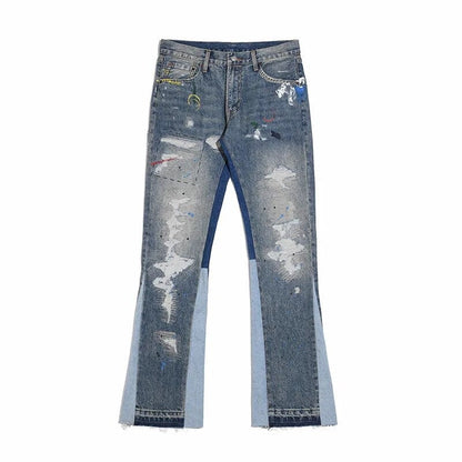 Blue Speckle ink Washed Destroyed Flared Jean Pants Hip Hop Graffiti Ripped Denim Jeans for Men Streetwear Vintage Wide Jeans