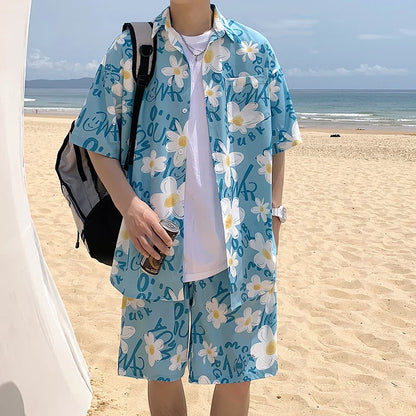 Summer Men Shorts Set Matching Shirts Letter Striped Floral Printing Outfits Short Sleeve Elastic Waist Thin Oversize Suit Man