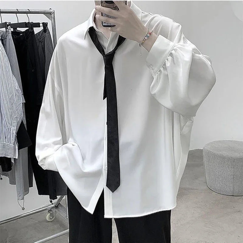 saferido Solid Shirt Men Black Long sleeved Shirts Men Korean Comfortable Blouses Casual Loose Classic Single Breasted Shirt