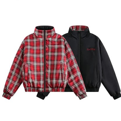 Vintage Double-sided Jacket Parka Men Women Cropped Plaid winter Thicken Stand Collar Loose Coat Street Outwear Lightweight New