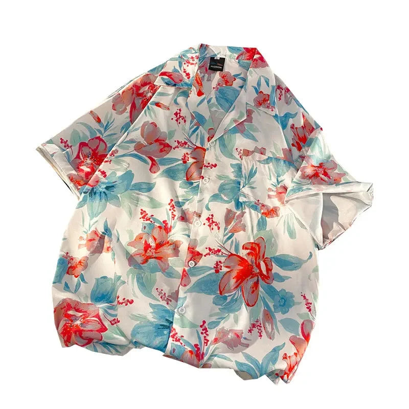 Hawaiian Shirts Men Advanced Breathable Trendy Summer Half Sleeve Floral High Street Pocket Korean Style Male Hipster Handsome