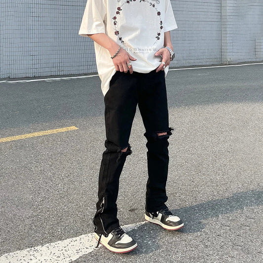 Skinny Jeans Men Y2k Streetwear Ripped Vaqueros Trousers Casual Slim Autumn Black Zip Pantalones Summer Street Hole Denim Pants