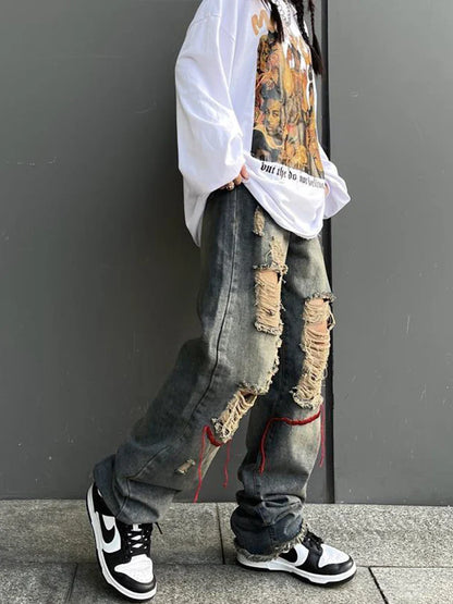 saferido Ripped Jeans Pants for Men Punk Denim Trousers Male Straight Leg Jeans Hip Hop Harajuku Korean Streetwear Hippie Hole