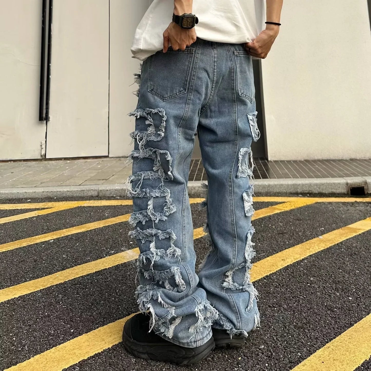 saferido Individualized patch jeans men  American high street hip-hop fried street beggar pants blue loose small crowd mopping