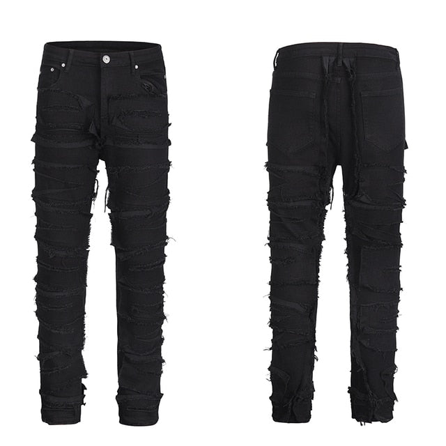 Heavy Industry Hole Frayed Destruction Waxed Jeans Mens High Street Retro Straight Ripped Pencil Pants Oversize Denim Trousers