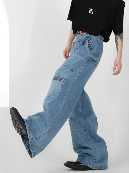 saferido Baggy Cargo Jeans Men Denim Wide Leg Trousers Male Oversize Casual Streetwear Hip Hop Pocket Zipper Safari Style