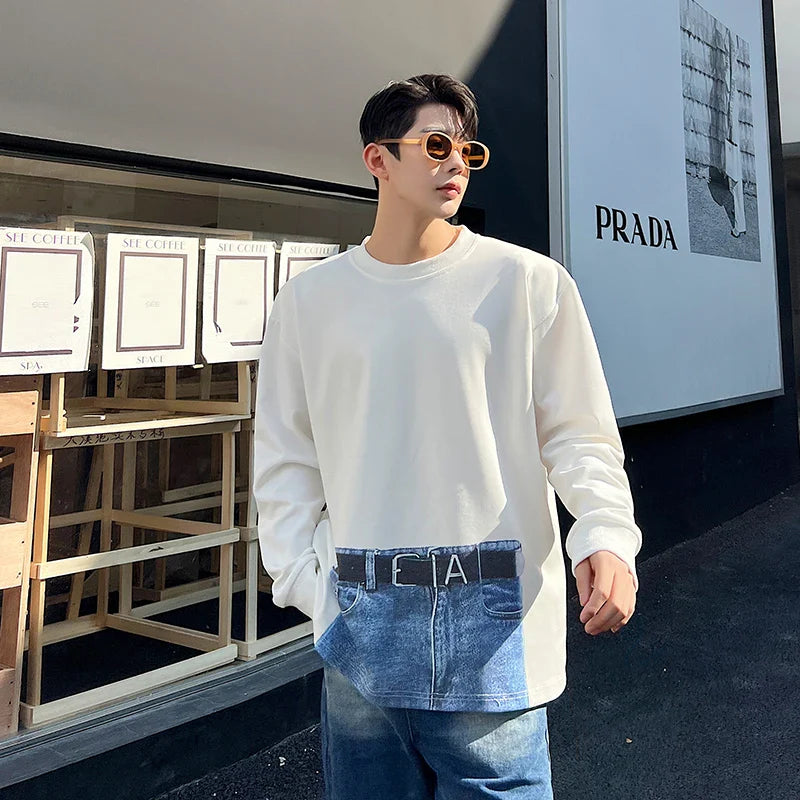 saferido Korean Street fashion Spring Casual Men Personality Jeans Print Long Sleeve T-shirts Sweatshirt Patchwork Loose Sweatshirts