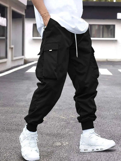 Men Flap Pocket Side Drawstring Waist Cargo Pants