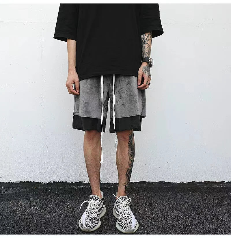 saferido Y2k American Street Sports Shorts Men's Summer Design Sense Fashion Pure Cotton Velvet Loose Basketball Casual Split Pants