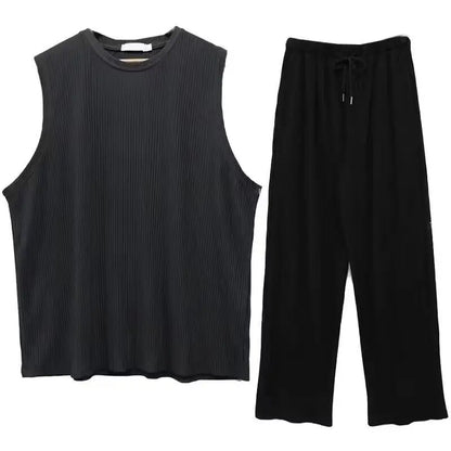 Fashion Solid Two Piece Suits Men‘s O-Neck Sleeveless Tops And Pants Outfits Men Summer New Casual Simplicity Solid Rib Sets