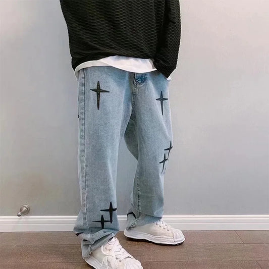 saferido Print Embroidery Jeans Men Vintage Casual Loose Wide Leg Baggy Man Trousers 2024 Spring Summer Fashion Hip Hop Male Cargo Pant