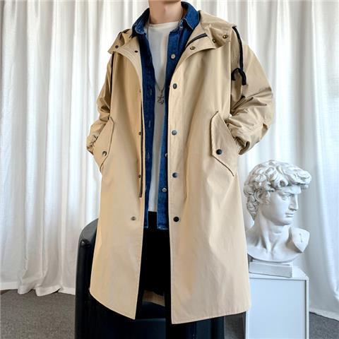 Men's Windbreaker Jacket Long Trench Oversize Loose Streetwear Hooded Vintage Black Coats High Street Casual Male Outerwear