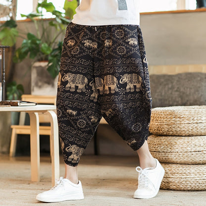 Summer Harajuku Calf Length Casual Men's Pants Wide Leg Cotton Linen Printing Harem Baggy Pants Fashion Men's Clothing