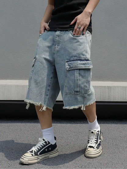 saferido Korean Fashion Men's Wide Leg Denim Shorts Summer New Fashion Loose Casual Elastic Waist Large Pocket Cargo Men's Jeans Shorts