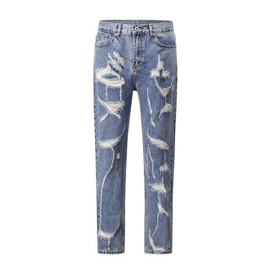 Y2K Distressed Cut Hole Washed Blue Jeans for Men Straight Baggy Casual Denim Trousers Oversized Streetwear Loose Cargo Pants