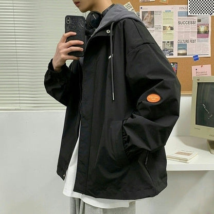 Hooded Cargo Jackets Men Autumn Fake Two Pieces Zipper Coats College Oversize Baggy Streetwear Ins Baseball Windbreaker Classic