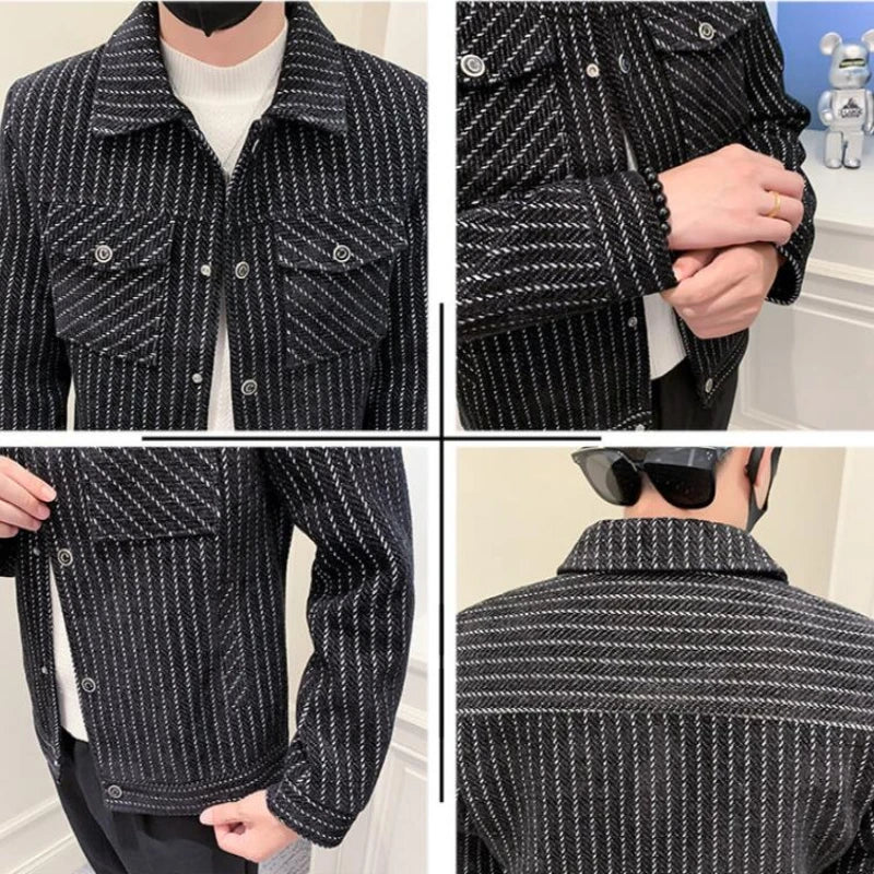 saferido Men's Spring High Quality Casual Jackets Male Slim Fit Fashion Striped Lapel Coats Man Woolen Jackets 4XL-M