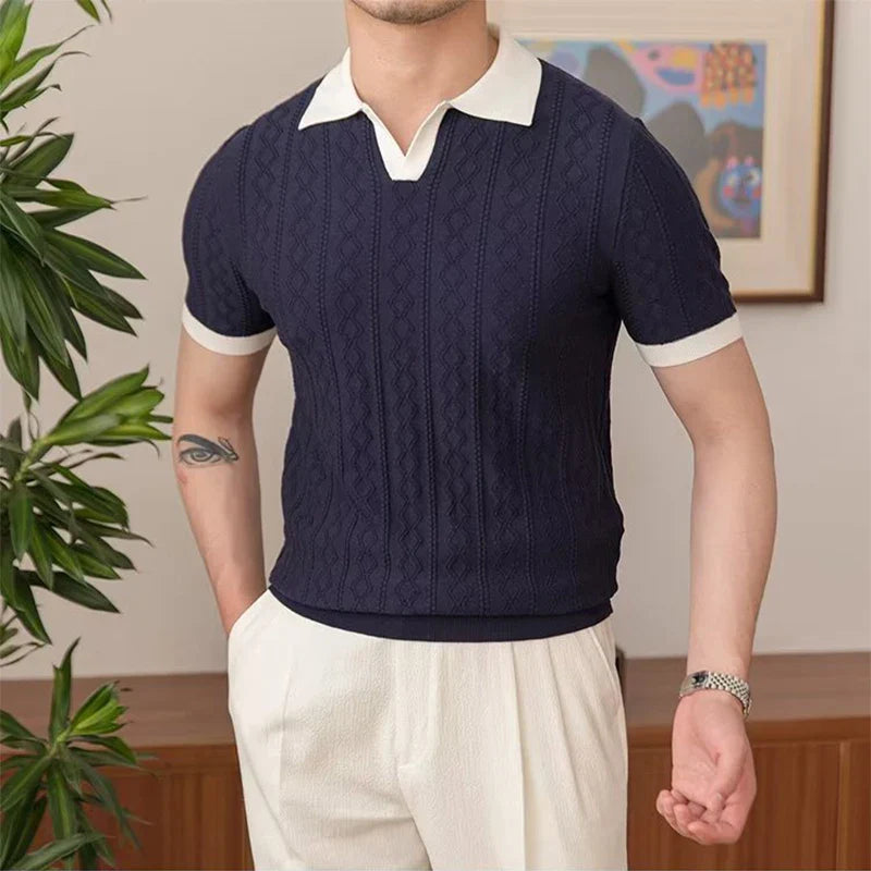 Summer Fashion Men Short Sleeve Slim Polo Shirt Vintage Patchwork Knitted Polos Men Clothing Male Casual V-Neck Lapel Pullover