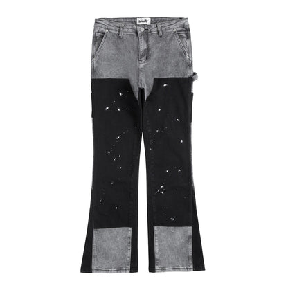 Graffiti Black Flared Denim Pants with Patches Hip Hop Splashed Ink Wide Leg Jeans Trousers Slim Fit Washed Jeans for Men