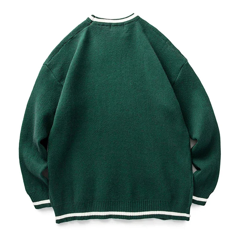 Vintage Knitted Sweater Men Green Letter Print Striped Pullover Women Harajuku College Style Jumpers Streetwear Spring Autumn