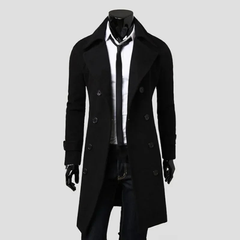 saferido Autumn Winter Men Long Trench Coat Double-breasted Solid Color Simple Mid-Length Windproof Thick British Fashion Slim Jacket