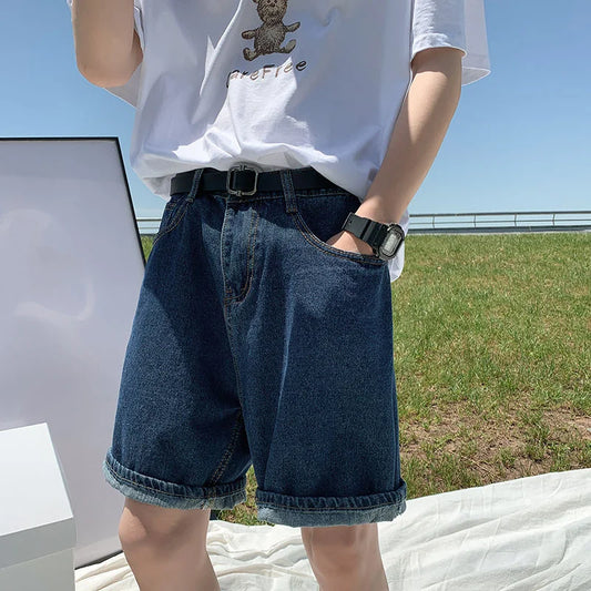 Summer Blue Denim Shorts Men Fashion Casual Straight Denim Shorts Men Streetwear Loose Hip Hop Retro Jeans Shorts M-2XL