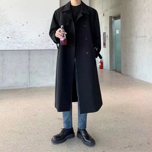 Autumn Black Trench Coat Men Fashion Casual Long Coat Men Streetwear Korean Loose Oversize Windbreaker Jacket Mens Overcoat