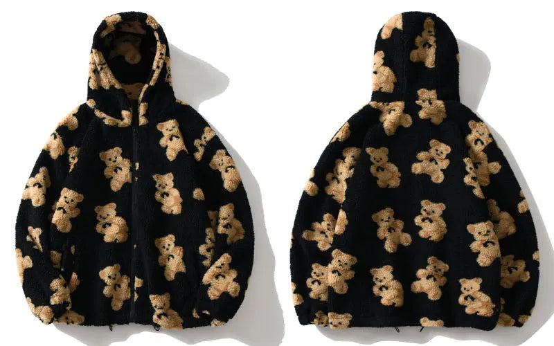 Fleece Hooded Jackets Streetwear Casual Harajuku Hip Hop Men Women Fashion Bear Print Full Zip Hooded Coat Tops Outwear