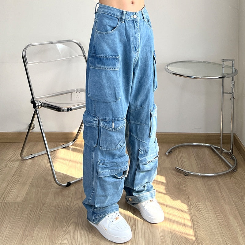 Oversize Cargo Jeans Men Vintage Distressed Denim Trousers Male Baggy Casual Pants Hip Hop Streetwear Retro Pocket