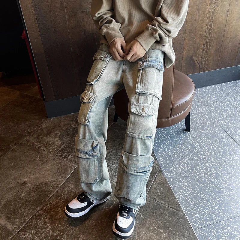 saferido Harajuku Muti-pockets Cargo Jeans Men's Washed Patchwork Straight Casual Trousers Couple Streetwear Loose Fashion Pants