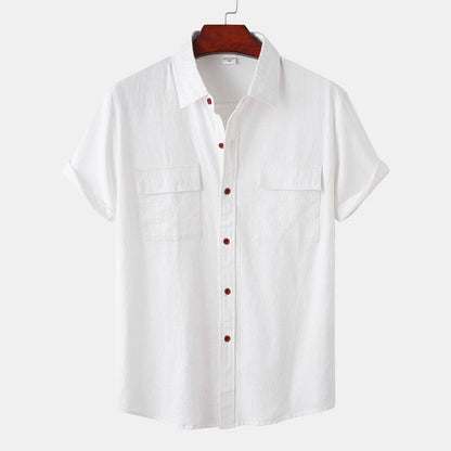 Double Pocket Cotton Linen Shirt Men Summer Short Sleeve Casual Button Down Shirts Mens Beach Holiday Breathable Camisas