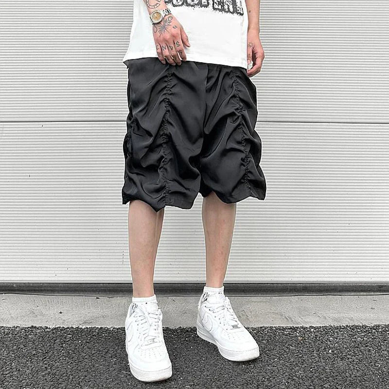 saferido Y2K Summer Thin Qucik Dry Drawstring Shorts Men's Ruched Streetwear Wide Leg Baggy Five Point Pants Oversized Pleated Short