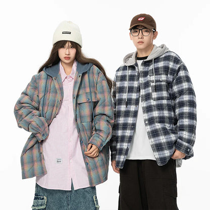 saferido Winter Jacket Men Warm Fashion Thickened Plaid Jacket Men Oversized Streetwear Korean Loose Short Coa Mens Couple Thick Hooded Jackets