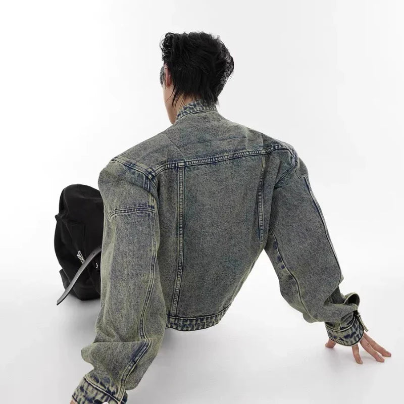 Mens Denim Jacket Zippered Metal Design Distressed Washed Short Jeans Jacket Vintage Trendy Spliced Male Outerwear New