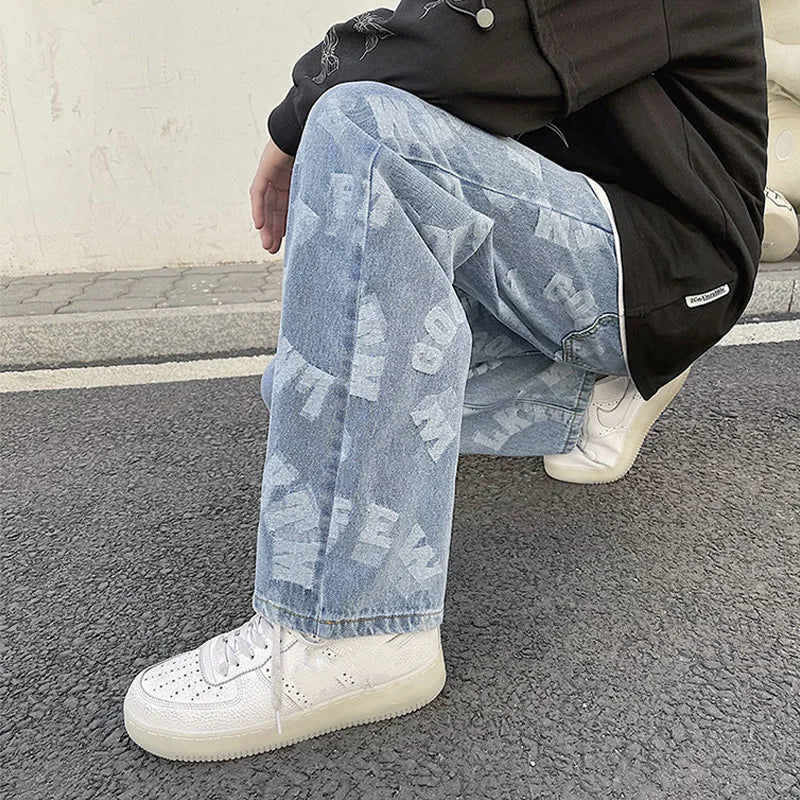 saferido Printing Men's Jeans High Street Fashion Wide Leg Pants Harajuku Streetwear Spring Autumn Denim Trousers Oversizde Male Clothing