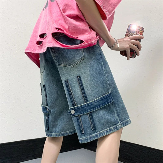 saferido Men Patchwork Oversized Jeans Shorts Streetwear Harajuku Denim Shorts New Hip Hop Vintage Blue Summer Casual Loose Shorts