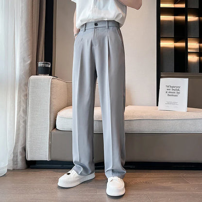 Spring Summer Men Casual Suit Pants Long Straight Draped Freedom Trousers Male Solid Stretch Waist Oversized Pants Black White