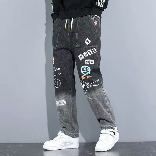 New Letter Print Jeans Men's Tide Loose Cartoon Graffiti Skinny Pants Ins Drawstring Pants Jogger Cargo Pants