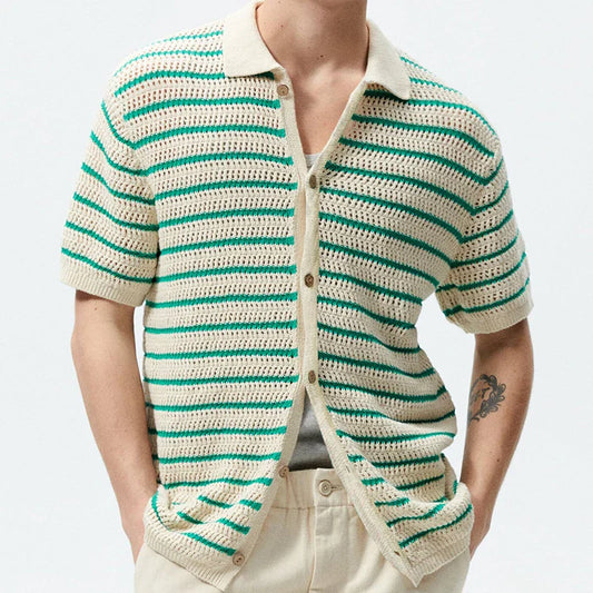 Summer Clothing Men's Light Luxury Knitted Polo Shirt Casual Vintage Button-down Striped Short Sleeve Fashion Leisure Knitwear