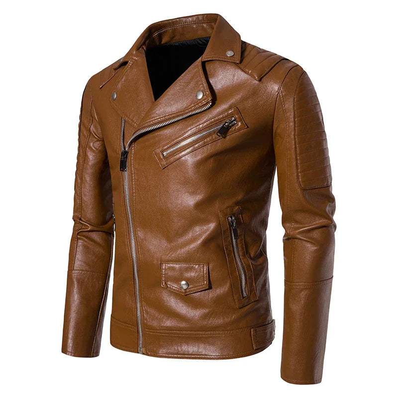 Mens Leather Jackets Solid Turn Down Collar Casual Slim Fit Motorcycle Pu Leather Jacket Men Multiple Pockets Zipper Coat