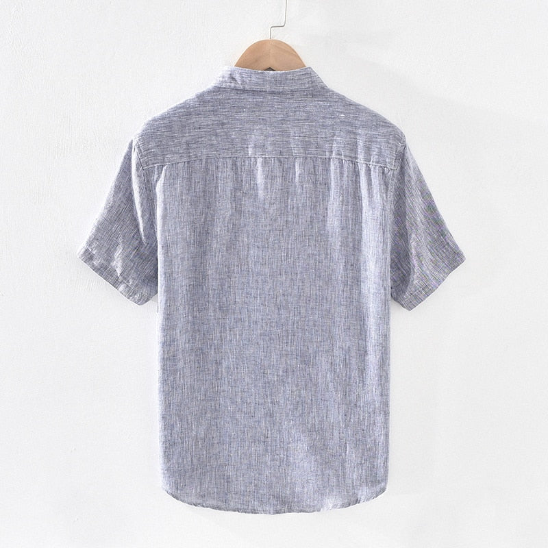 Pure Linen Short Sleeve Shirt for Men Summer New Japanese Fashion Tops Male Solid Gray Vintage Slim Fit Hemp Shirt