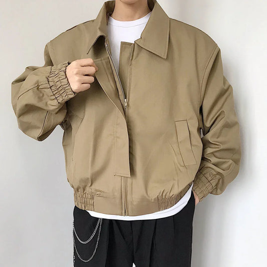 Spring New Short Jacket Men's Long Sleeved Solid Color Square Collar Fashion Loose Casual Zipper Bomber Jacket Streetwear