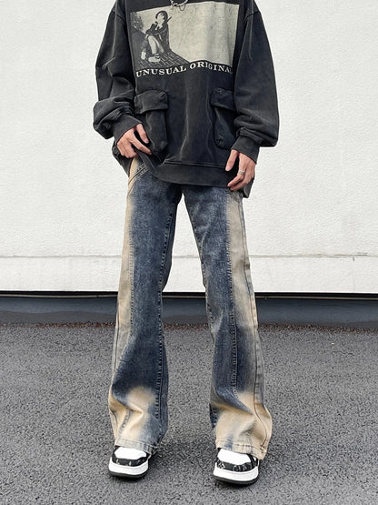 saferido Jeans High Street American Vintage Wash Harajuku Y2K Spliced Jeans Men's Loose Flare Design Feel Pants