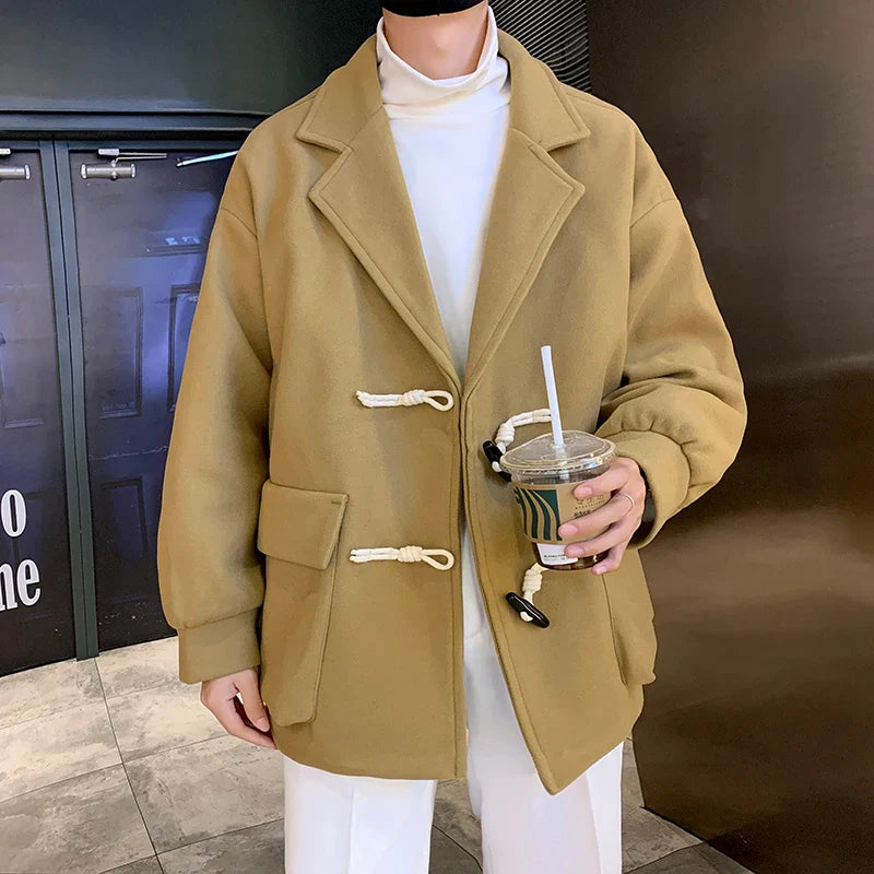 saferido Men Black Streetwear Button Jacket Overcoat Men Oversized Wool Blends Coat  Winter Graphic Korean Fashion Trench Coat