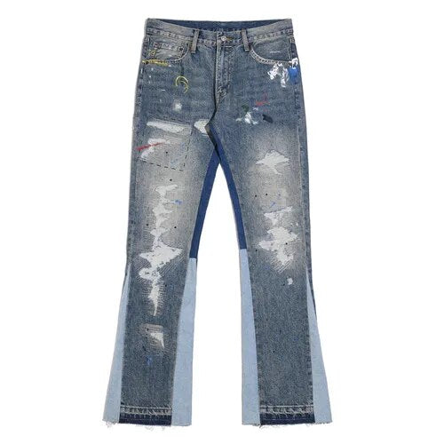 Blue Speckle ink Washed Destroyed Flared Jean Pants Hip Hop Graffiti Ripped Denim Jeans for Men Streetwear Vintage Wide Jeans