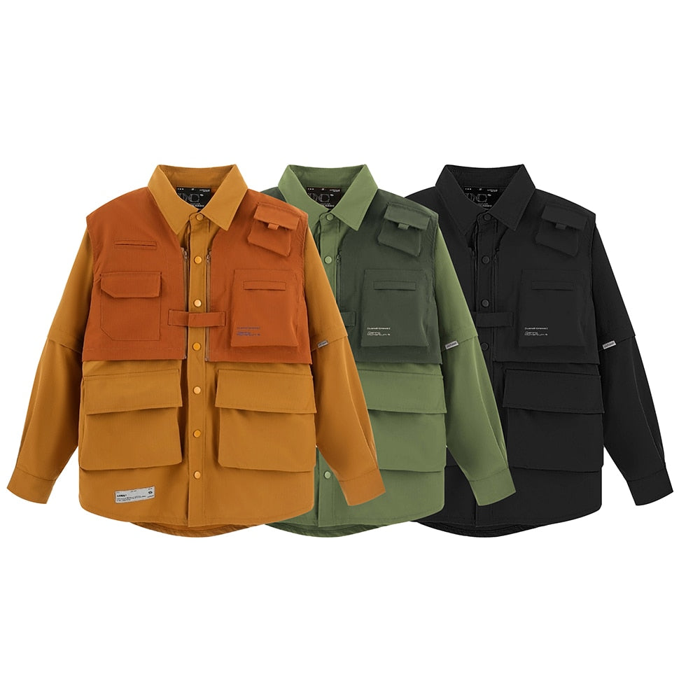 Two Pieces Multi-pockets Detachable Vest Shirts Men Lapel Solid Color Oversized Spring Summer Overalls Unisex Loose Casual Tops