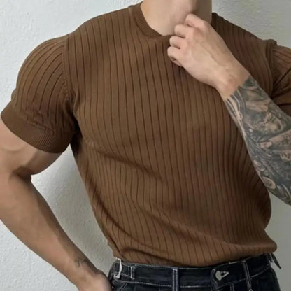 Summer New Men Thin Knitted T Shirts Slim Fit Elastic Short Sleeve O Neck Tee Fashion Solid Color Ribbed Muscle T-shirt Male