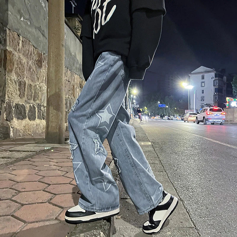 saferido Men Jeans Stars  2024 New Spring Vintage Y2K Simple Casual Loose Fashion Straight Wide Leg Oversize Pants Male Hip Hop Trousers